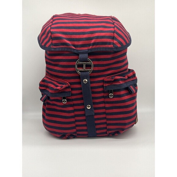TOMMY HILFIGER Canvas Backpack Red Blue Laptop Drawstring Travel Bag Vtg EUC